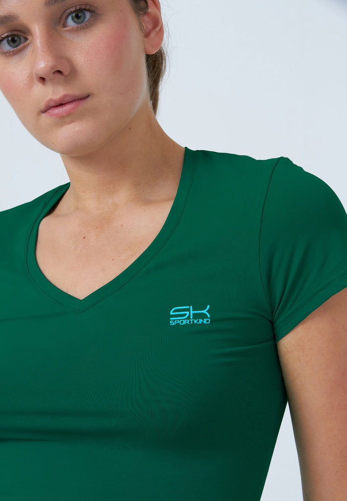 Mädchen & Damen Tennis T-Shirt V-Ausschnitt Damen & Mädchen, tannengrün von SPORTKIND